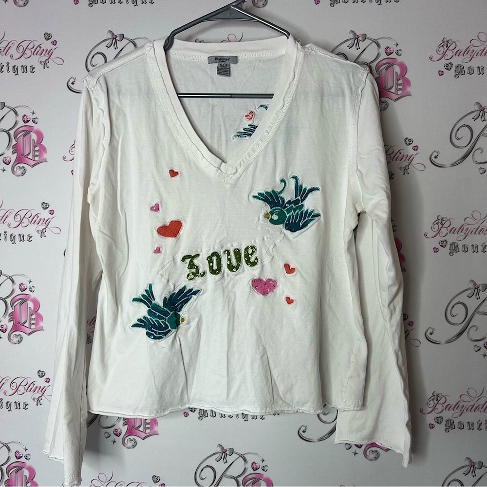 Bluenotes tattoo bird White Embroidered Long Sleeve Top sequins sparkly